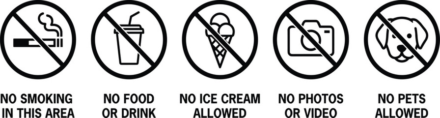 Public restriction signage icon set, stylized prohibition symbols for venue rules, facility signage, and compliance design themes