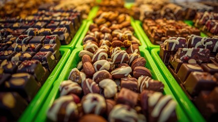 Assortment of delicious chocolates and nuts displayed in bright green trays