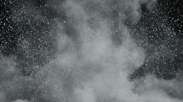 Extreme close-up in smooth slow motion showing a dense block of grey and white pixels slowly dissolving and disintegrating into microscopic dust particles modern art, destruction, detailed