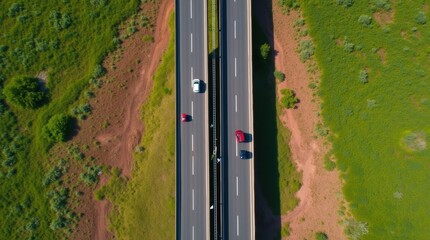 Aerial view of cars driving on a highway through green countryside