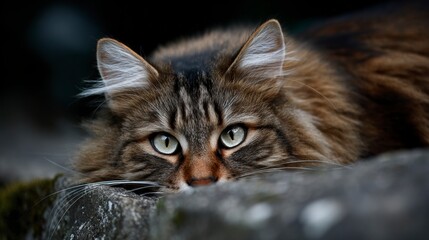 Fototapeta premium Close up portrait of a brown tabby cat with striking green eyes resting on weathered stone