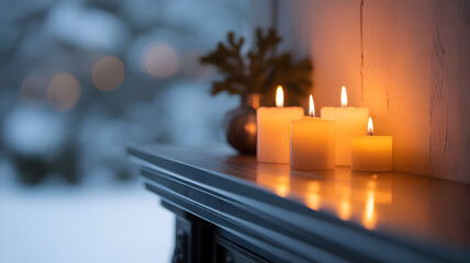 Warm candlelight glow on mantelpiece against a snowy winter window