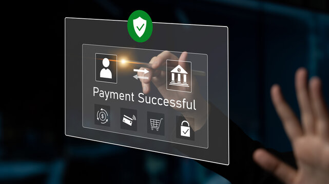 Successful transaction message showing secure payment. Payment confirmed, secured, payment processed, and payment completed with trust and transaction integrity. Latch