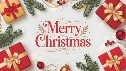 Festive christmas gift boxes and evergreen branches frame a merry christmas message