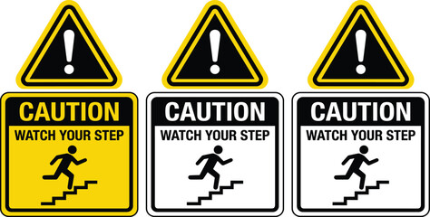 Watch your step caution icon set, stylized safety signage symbols for workplace hazards and public facility design themes