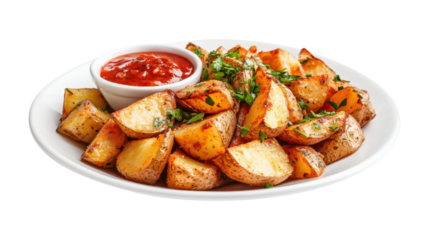A plate of potatoes with a red sauce on the side