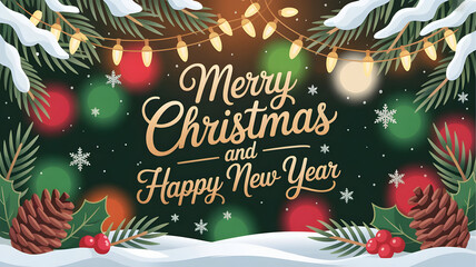 Festive christmas and new year greeting card with pine branches and lights