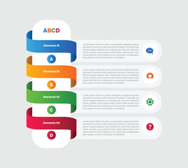4 points infographic with gradient style with vertical round rectangle with stacked ribbon smooth flipped with 4 elements stages