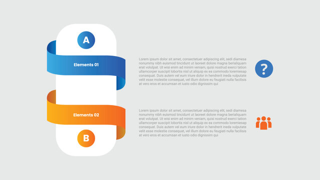 2 points comparison versus infographic with gradient style with standing round rectangle with ribbon badge and shadow with 2 elements stages