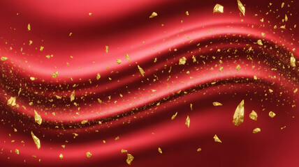 Elegant red background with golden sparkles and flowing wave design