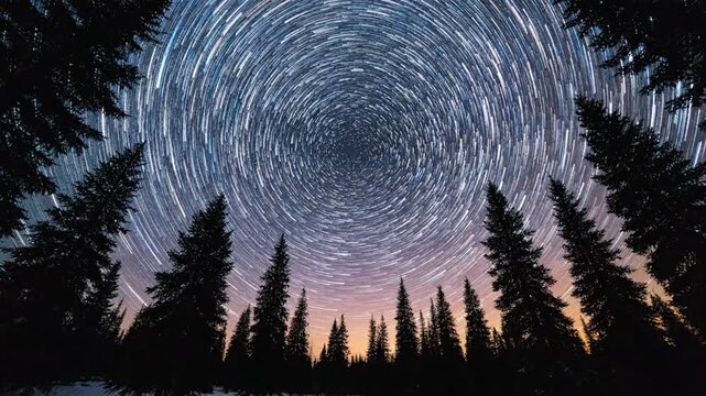 Star trails over silhouetted evergreen trees at night showcasing celestial movement and natural beauty