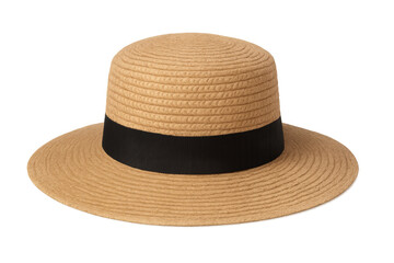 Straw boater hat with black ribbon, fashion accessory for summer, sun protection, isolated with transparent background