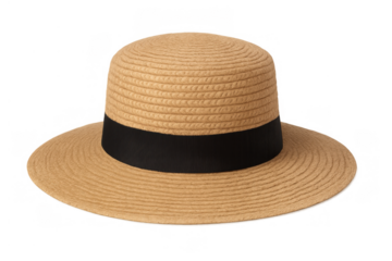 Straw boater hat with black ribbon, fashion accessory for summer, sun protection, isolated with transparent background