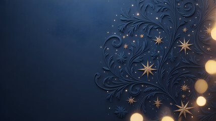 Elegant dark blue background with gold stars and bokeh lights