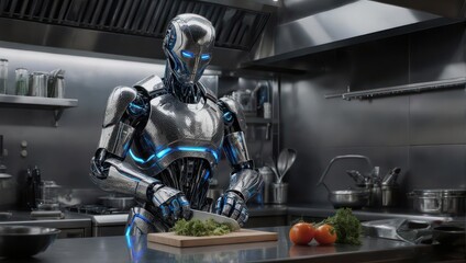 Fototapeta premium Advanced Robot Chef Prepares Fresh Ingredients in a Modern Commercial Kitchen.