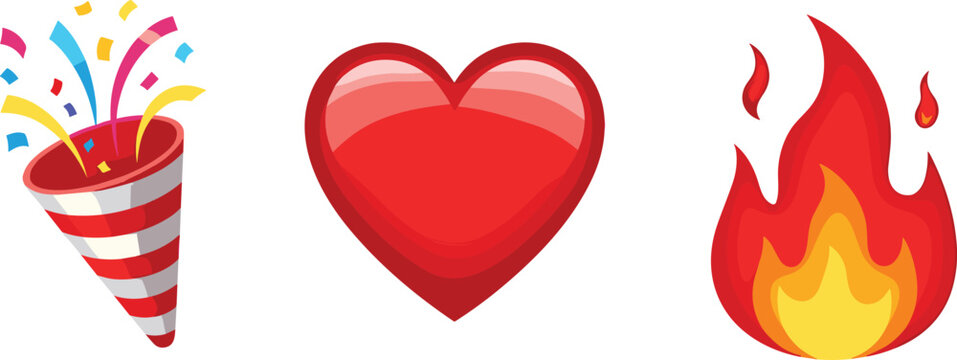 Party popper, red heart, flame icon, celebration, love, passion, emoji style, colorful symbols, digital emotion art, flat vector illustration