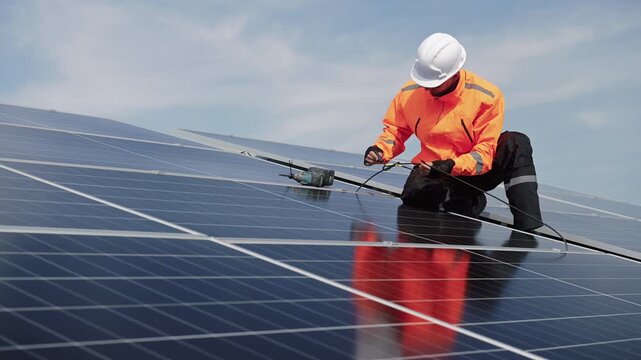 Technician installing solar panels on factory roof for green energy. A skilled technician in safety gear is working on a solar panel installation on rooftop. clean energy renewable power technology.