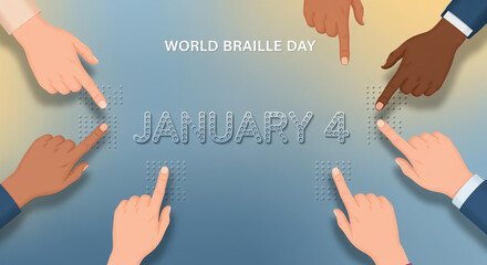 Braille text, World Braille Day, January 4, shown with diverse hands reading braille on a blue background, celebrating awareness and accessibility for visually impaired people.