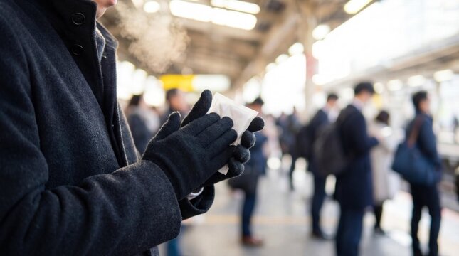 冬の駅のホームで使い捨てカイロを握りしめ暖を取る男性の手元