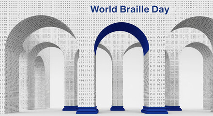 Arches in Braille, showcasing World Braille Day, stand in formation; one arch is highlighted in blue against a white background dotted with raised Braille text.