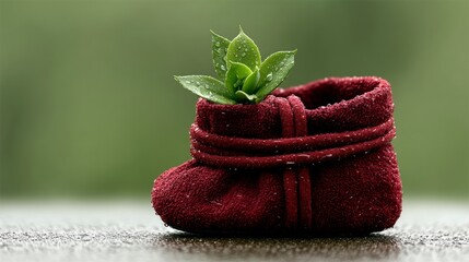 A single maroon baby bootie containing a green succulent plant covered in water droplets