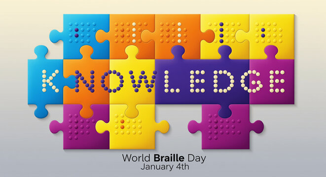 Puzzle pieces spelling out "Knowledge", and braille, celebrate World Braille Day on January 4th, showcasing accessibility and inclusive learning for visually impaired people.