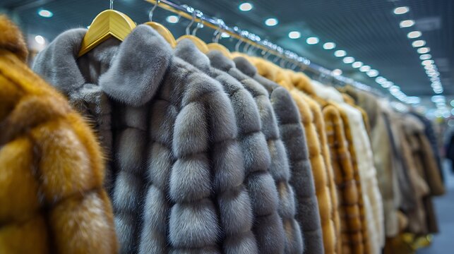 Luxury fur coats hanging in a row on display in a boutique