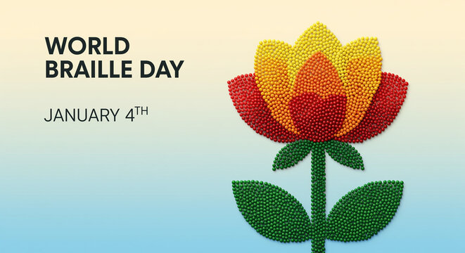 Flower made from round colorful spheres on a gradient light blue background, featuring 'World Braille Day, January 4th' text, a visually appealing concept for inclusivity and awareness.