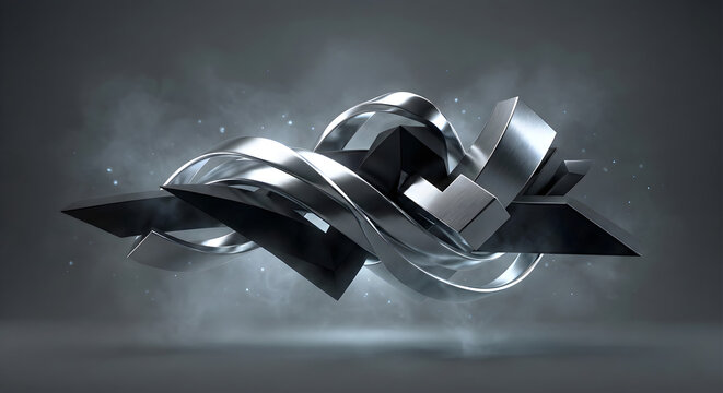 A futuristic metallic abstract sculpture featuring interwoven ribbons and angular geometric shapes floating in a smoky, atmospheric background.