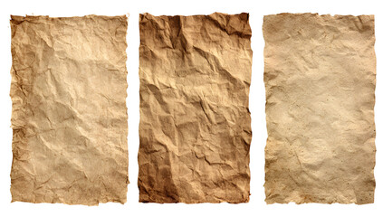 Three vertical antique parchment paper sheets with rough torn edges displaying aged textures and creases isolated on transparent background