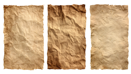 Three vertical antique parchment paper sheets with rough torn edges displaying aged textures and creases isolated on transparent background