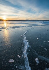 Vast expanse of shimmering ice, reflecting ambient light with beautiful frosty textures, creating a serene and chilly atmosphere ,seasonal ,freeze ,wintery