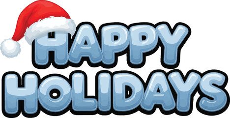 Icy blue Happy Holidays typography with a festive red Santa hat on the letter H. © Alisya Design