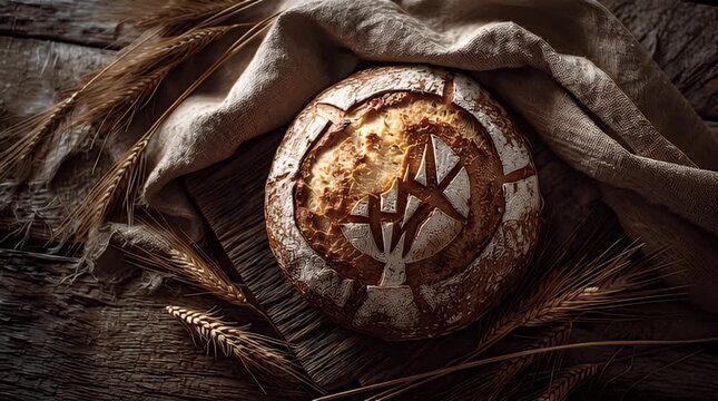 A rustic still life features a round, scored loaf of bread atop a wooden surface with a draped cloth and scattered wheat stalks. The light highlights the textures