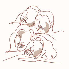 Four women's faces together one line drawing. Four women's faces together single line illustration. Four women's faces together minimalist line art. Four women's faces together vector art