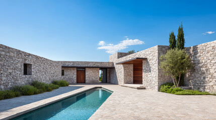 Elegant stone house with pool in a tranquil outdoor setting under a blue sky