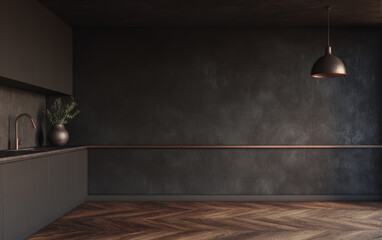 Modern kitchen interior with dark tones and wooden floor in a minimalist style