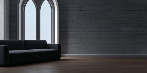 Modern living room with a dark atmosphere and large window allowing natural light