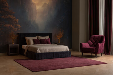 Elegant bedroom design featuring a scenic wall mural and cozy furnishings in a warm, inviting space