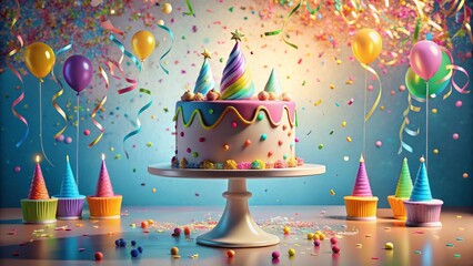 A Festive Celebration Cake with Colorful Balloons and Confetti, Perfect for a Joyful Birthday Party