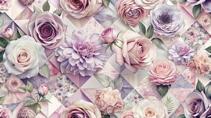 Elegant Pastel Floral Collage with Geometric Design Featuring Roses, Dahlias, and Other Blossoms