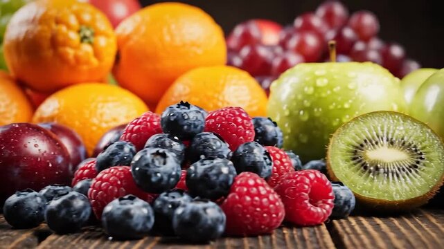 Assortment of Fresh Fruits Including Strawberries Blueberries Oranges and Grapes on Wooden Surface.
