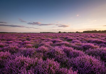 Vast expanse of vibrant purple heather blooming under a warm summer sky, creating a peaceful and colorful natural landscape ,growth ,colorful ,serene