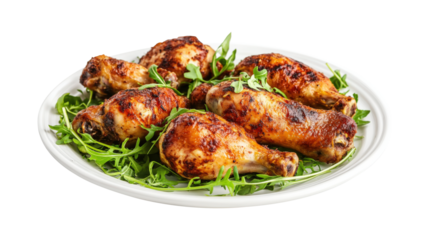 A plate of chicken with green leaves 