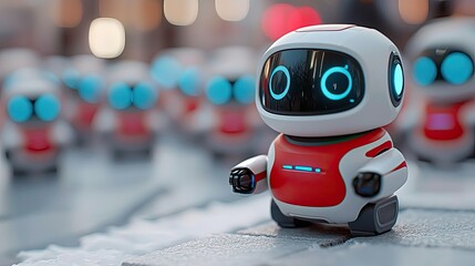 A close-up of a futuristic robot toy with glowing blue eyes, standing in a row with other similar robots. The scene is indoors with a shallow depth of field.