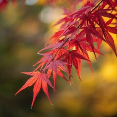 Vibrant red japanese maple leaves in autumn sunlight