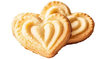 Fototapeta premium Tasty heart-shaped Danish butter cookies arranged as sweet golden baked treats displaying crumbly detailed texture for dessert presentation isolated on white background