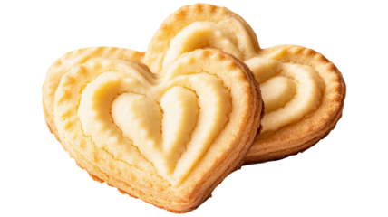Tasty heart-shaped Danish butter cookies arranged as sweet golden baked treats displaying crumbly detailed texture for dessert presentation isolated on white background