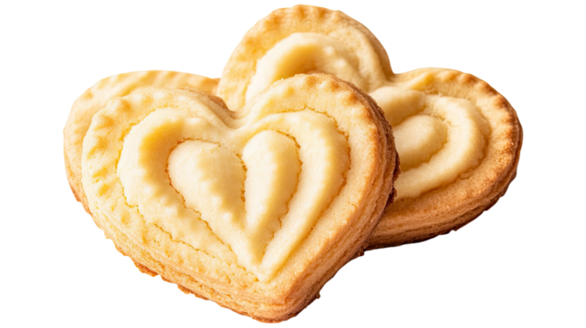 Tasty heart-shaped Danish butter cookies arranged as sweet golden baked treats displaying crumbly detailed texture for dessert presentation isolated on white background