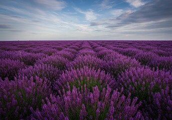Vast fields of vibrant purple blooms stretch under a clear sky, exuding a calming aroma. Nature's beauty in full display ,herb ,healthy ,floral